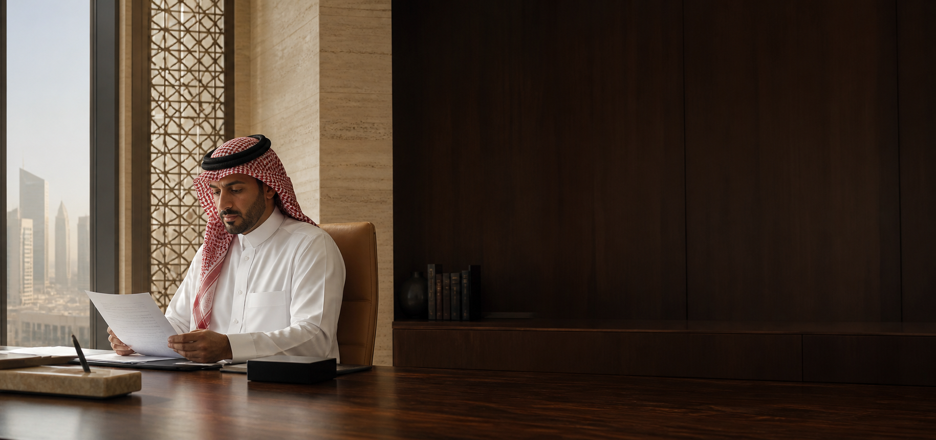مختص قانوني سعودي يراجع مستنداً في مكتب بمدينة الرياض